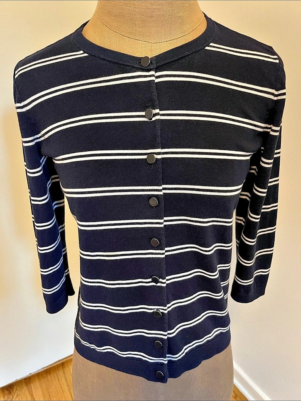 Talbots Petite Striped Button-Front Knit Black & White Small